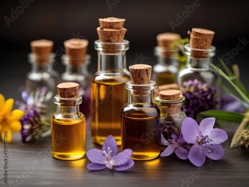 organic essential oils, herbal extracts and medical flowers herbs In glass bottles. Alternative therapy, aromatherapy. Natural ingredients in cosmetic and medicine.