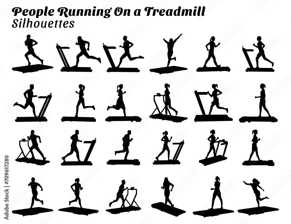 Fototapeta premium Vector collection of silhouettes of people running on a treadmill.