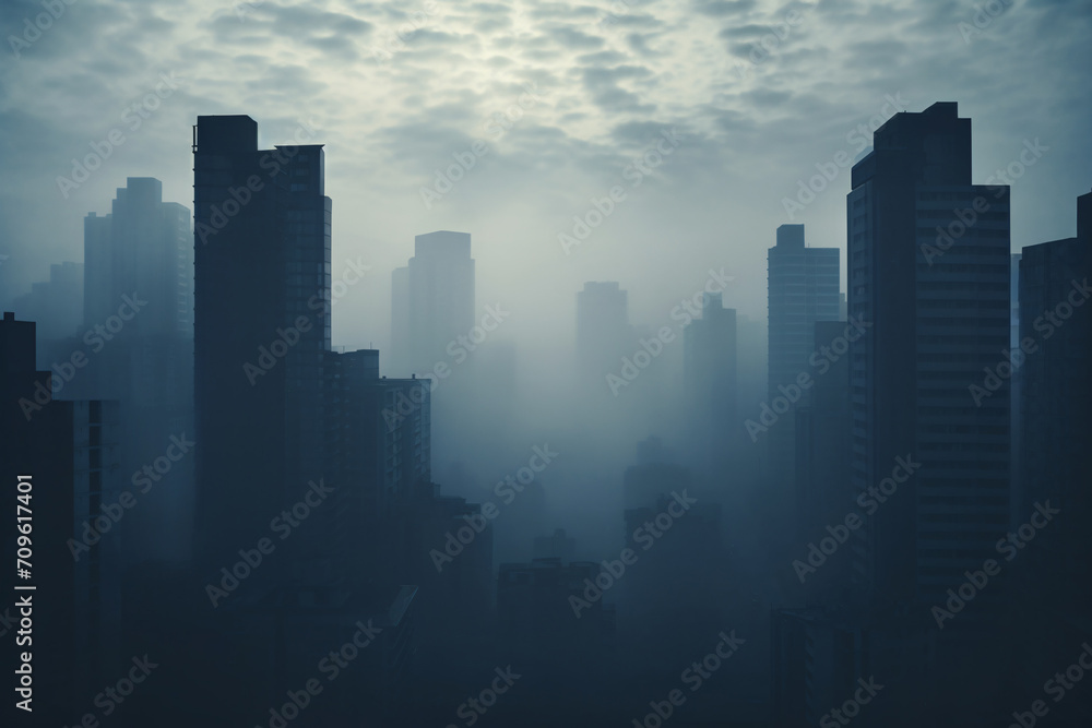 Tall skyscraper buildings covered in gray smog