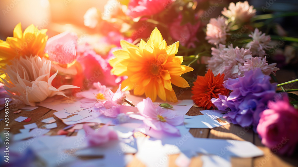 A radiant array of diverse flowers bask in the sunlight, scattered with delicate petals on a wooden surface.