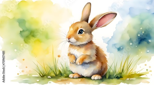 Cute painted rabbit with flowers and leaves watercolor