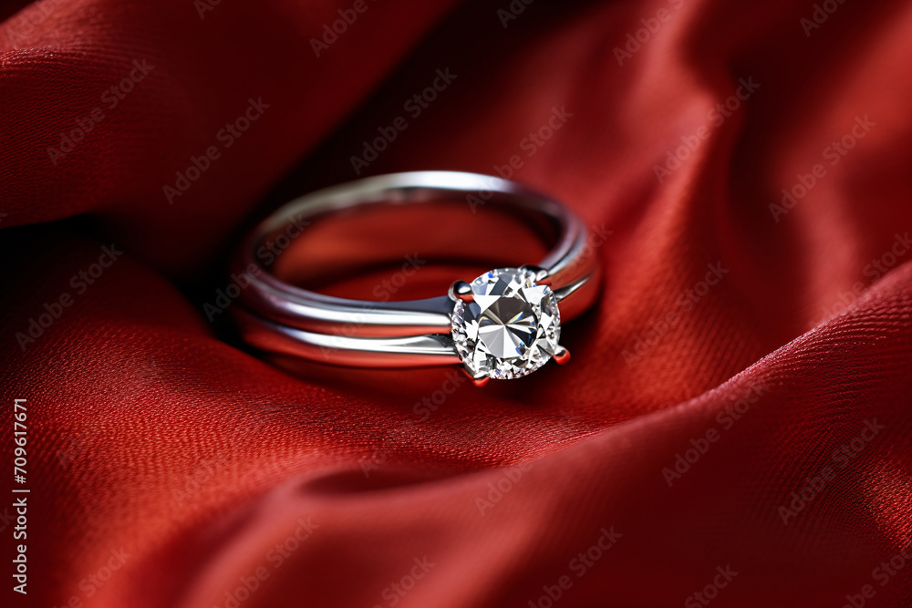 Wedding ring with diamond on red fabric background Wedding ring with diamond on red fabric background