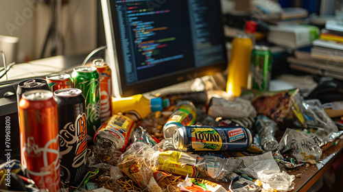 A cluttered desk with multiple energy drink cans fast food wrappers and a computer showing code.