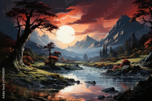  a painting of a mountain landscape with a river in the foreground and a full moon in the sky in the background.