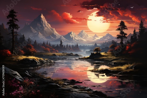  a painting of a sunset over a mountain lake with a forest in the foreground and a mountain range in the background.