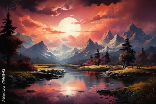  a painting of a sunset with mountains and a river in the foreground and a red sky in the background.