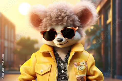  a close up of a stuffed animal wearing a yellow jacket and sunglasses with a city street in the back ground.