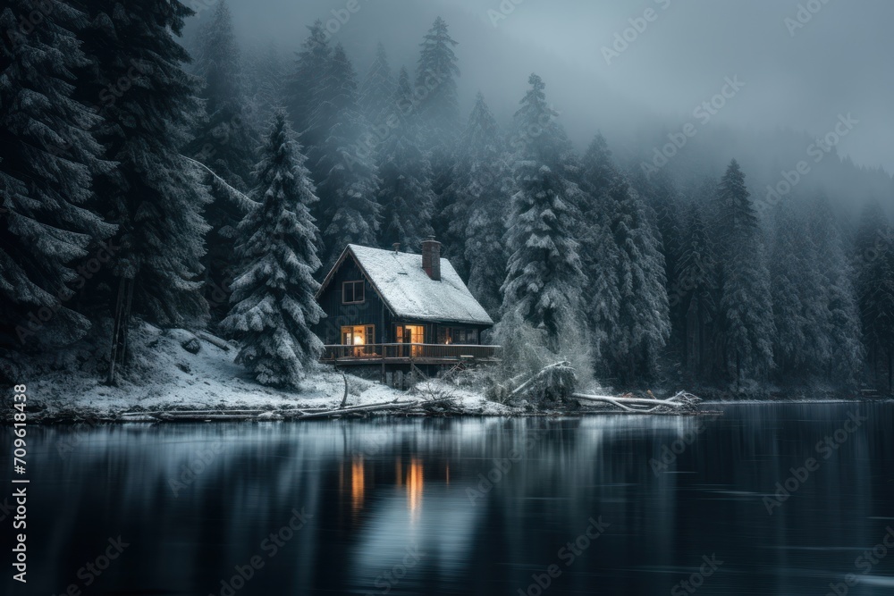  a cabin sits on the shore of a lake in the middle of a forest with snow on the ground and trees in the background. - obrazy, fototapety, plakaty 