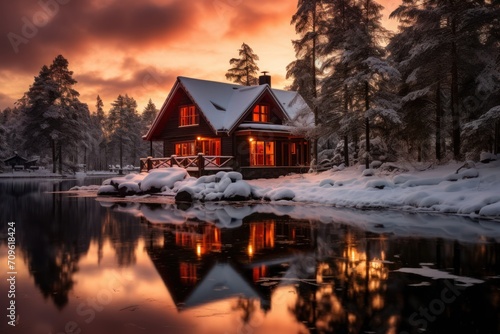  a cabin sits on the shore of a lake in the middle of a snow covered forest with a sunset in the background.