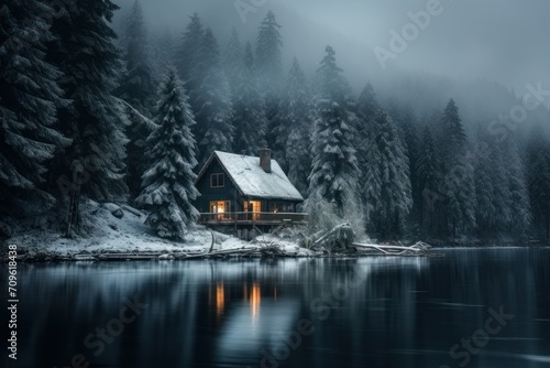  a cabin sits on the shore of a lake in the middle of a forest with snow on the ground and trees in the background. photo