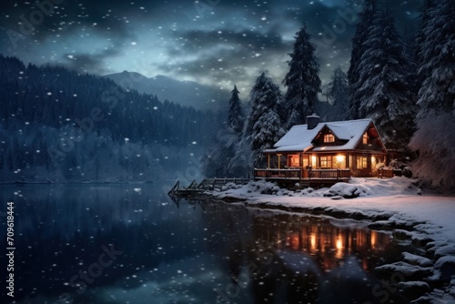  a cabin on the shore of a lake at night with snow falling on the ground and a full moon in the sky.