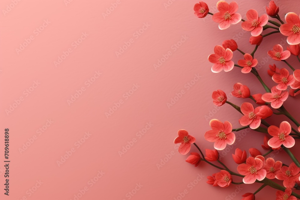 a bunch of red flowers on a pink background with a place for a text or an image to put on a card. a bunch of red flowers on a pink background with a place for a text or an image to put on a card.