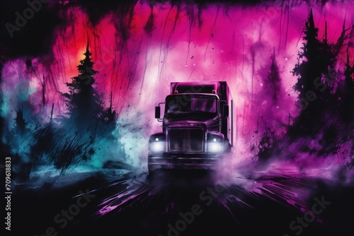  a semi truck driving down a road next to a forest filled with purple and pink smoke and trees in the background.