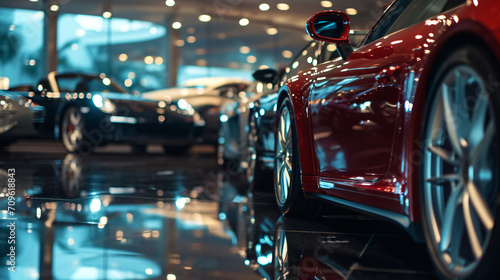 A collection of luxury cars displayed in a high-end showroom with reflective floors and soft ambient lighting.