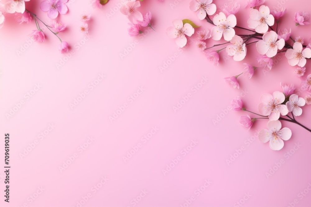  a pink background with a bunch of pink flowers on the left and a bunch of pink flowers on the right.