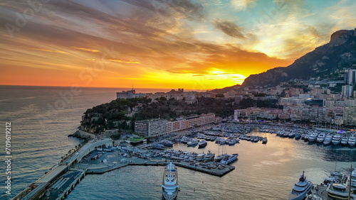 Montecarlo. Aerial view of Monaco skyline at sunset photo