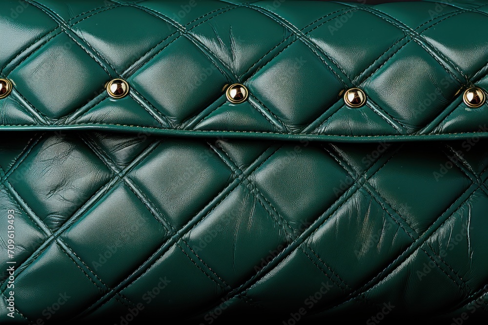 a close up of a green handbag with gold buttons and rivets on the front of the bag. a close up of a green handbag with gold buttons and rivets on the front of the bag.