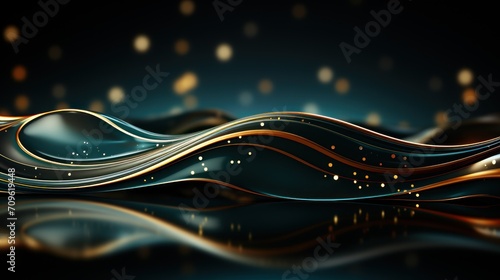  a dark blue and gold abstract background with a wave of light coming out of the top of the wave and the bottom of the wave is reflecting off of the water.