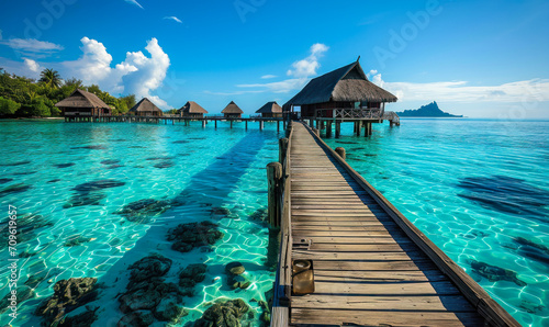 Serene tropical paradise with a wooden pier leading to overwater bungalows in a crystal-clear turquoise sea against a vibrant blue sky © Bartek