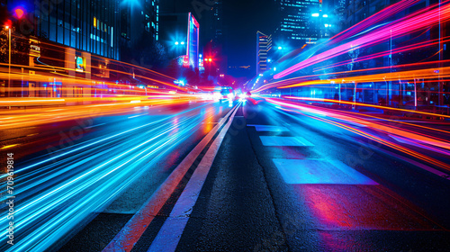 A colorful street race at night in a neon-lit city cars blurring past with trails of light.