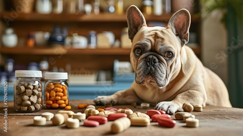 Dog is looking at pet supplements on wooden table photo