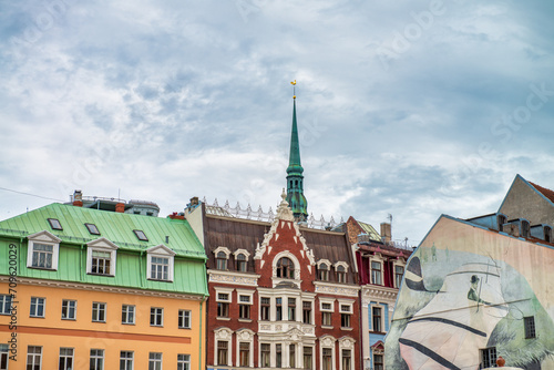 Riga, Latvia - July 8, 2017: Riga streets and medieval buildings © jovannig