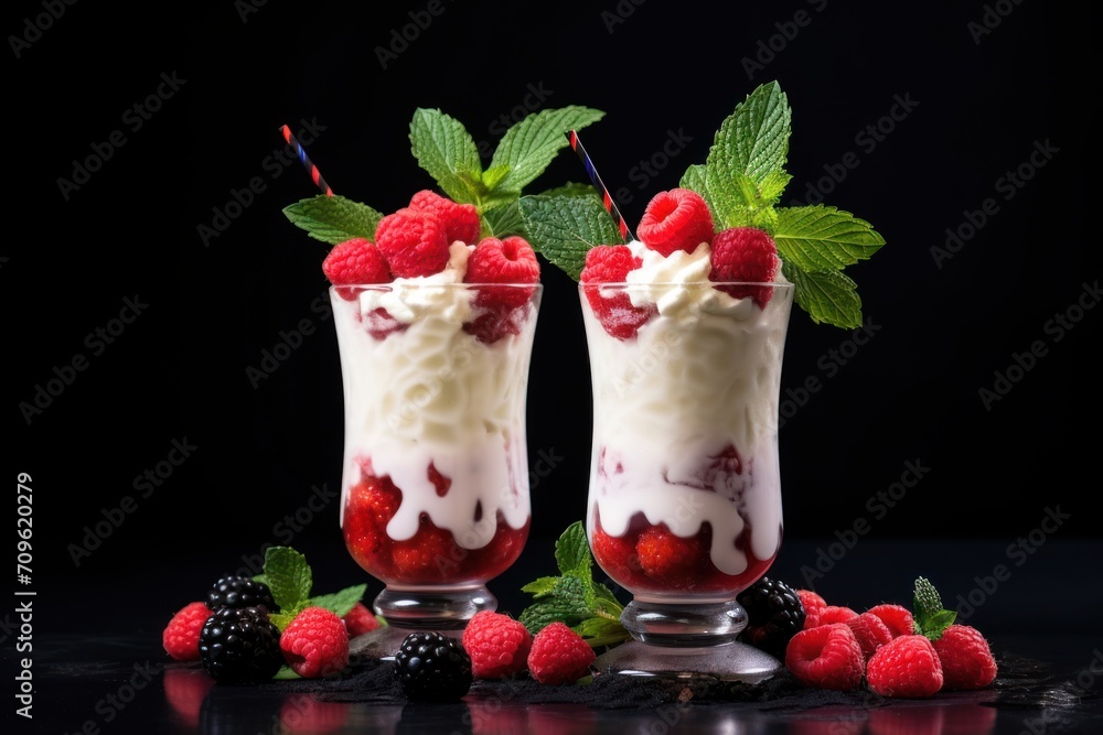 two glasses of ice cream with raspberries and mint sprigs on a black table with a black background. two glasses of ice cream with raspberries and mint sprigs on a black table with a black background.