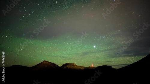 Time lapse of stars over Karoo landscape with a transmission tower with red lights in background photo