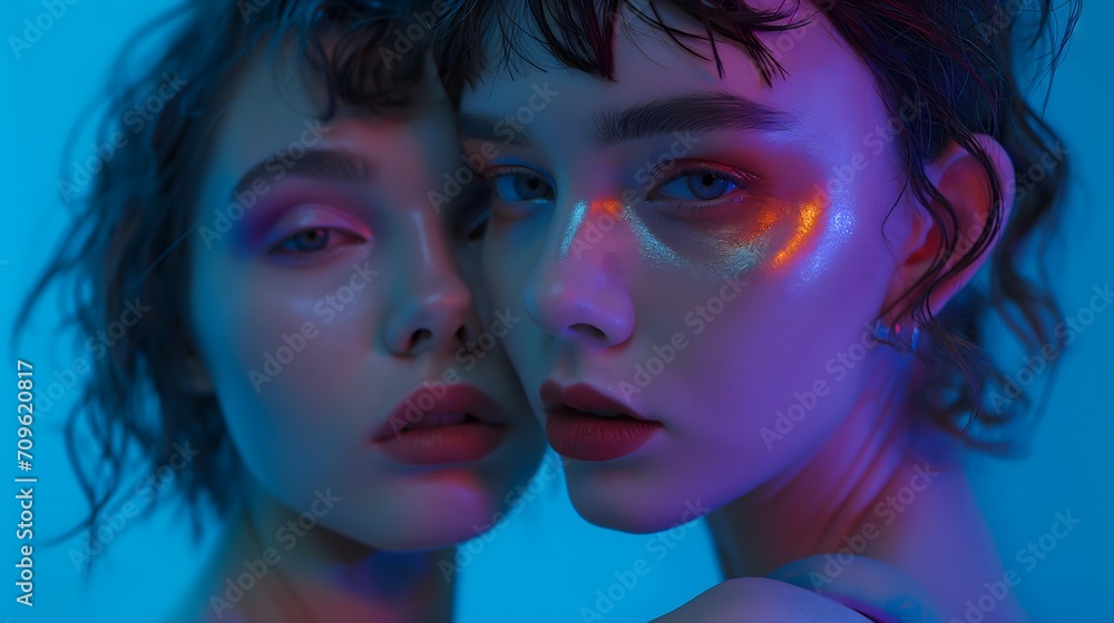 Obraz premium Two female friends illuminated by neon blue light, color of creativity.