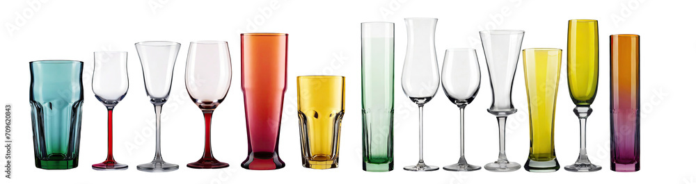 Obraz premium collection of empty glasses, wine, Tumbler, Highball, Hurricane, Mug and cognac glasses , isolated on a transparent background. PNG, cutout, or clipping path. 