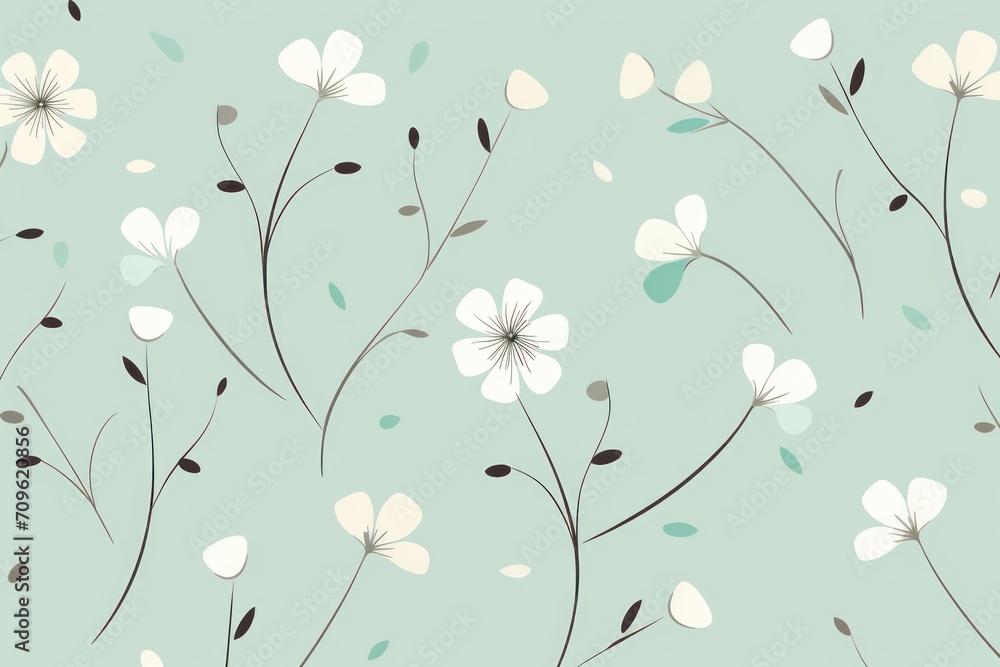  a wallpaper with white flowers and leaves on a light green background with a light blue sky in the background.