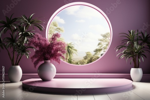  three potted plants sit in front of a round window in a room with a pink wall and white floor.