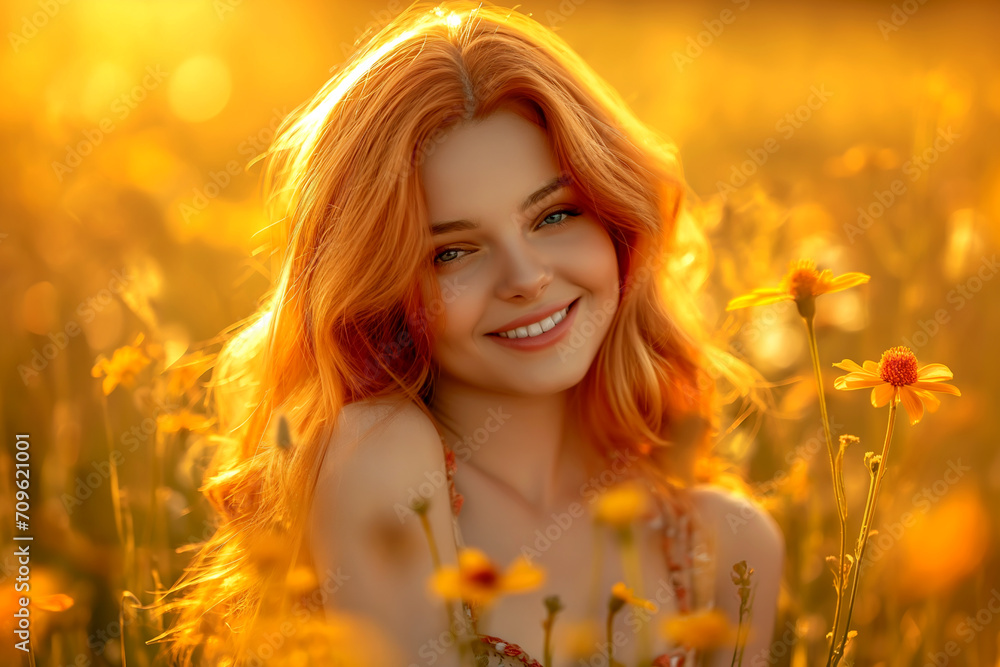 Fototapeta premium portrait of a beautiful young girl in the field at sunset, in the summer. Happy Woman Embracing the Day