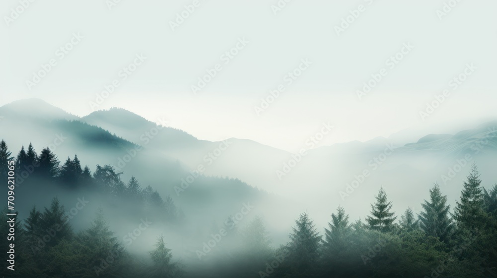  a forest filled with lots of trees on top of a mountain covered in fog and smothered in mist.