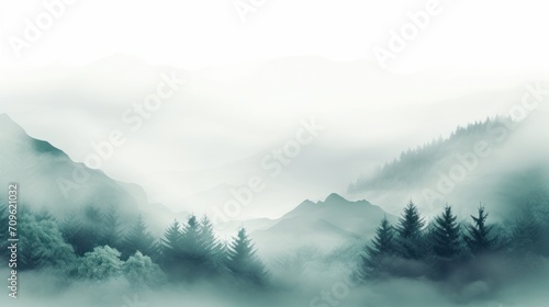  a foggy mountain scene with pine trees in the foreground and a foggy sky in the back ground.