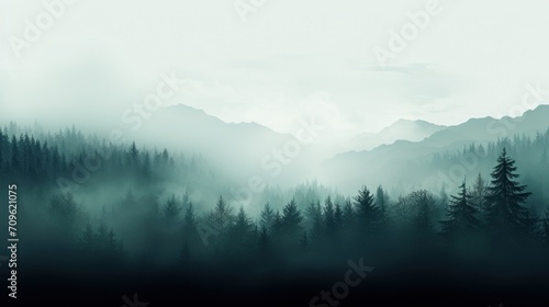  a black and white photo of a foggy mountain landscape with pine trees in the foreground and a foggy sky in the background.