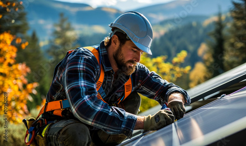 Focused professional solar technician in hard hat and safety harness installing photovoltaic panels on a roof with a scenic mountain backdrop © Bartek