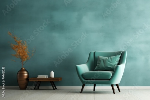  a chair and a table in a room with a wall painted in teal and a vase with a plant in it.