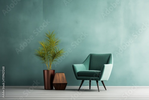  a chair sitting next to a potted plant in a room with a wall painted in a teal color.