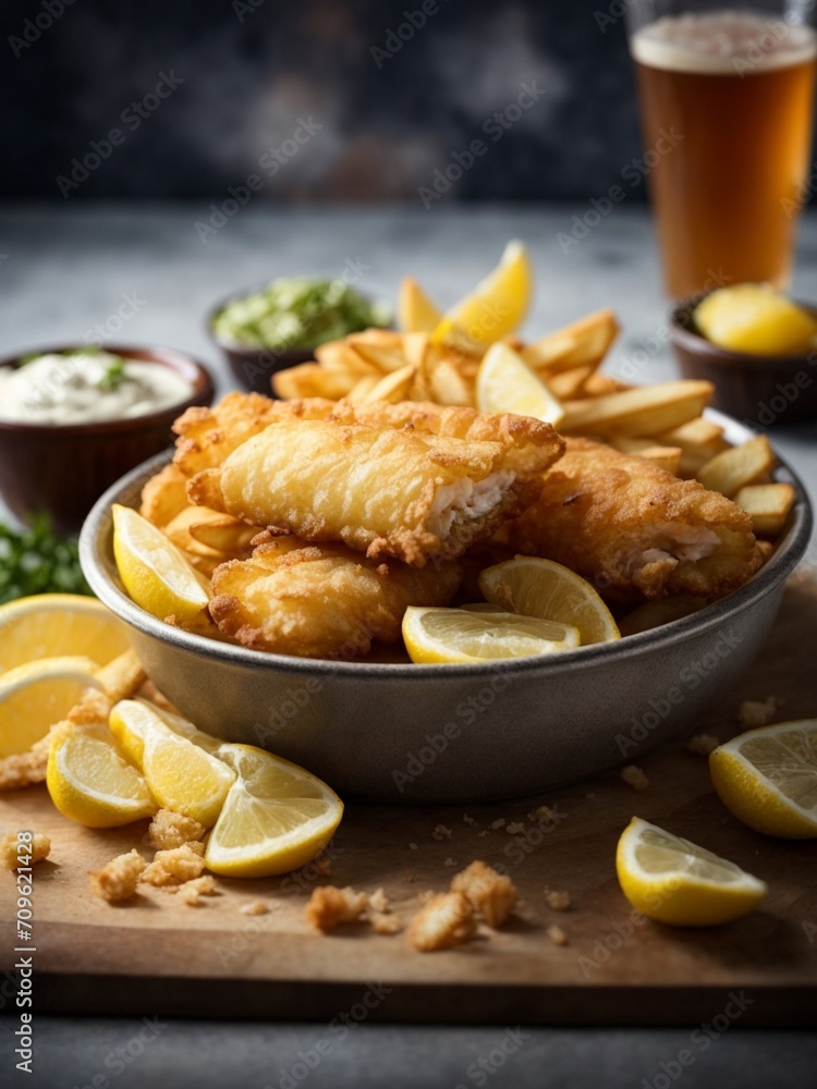 British fish and chips, the famous food in studio lighting and background, cinematic food photography 