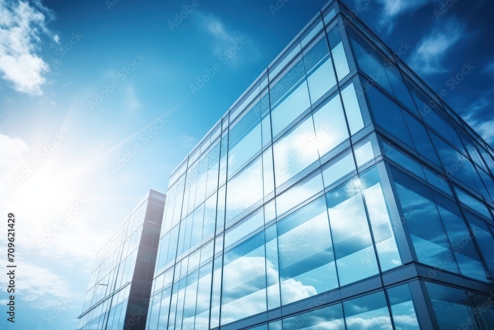 a tall glass building with a bright blue sky in the background and a few clouds in the sky in the foreground. a tall glass building with a bright blue sky in the background and a few clouds in the sky in the foreground.