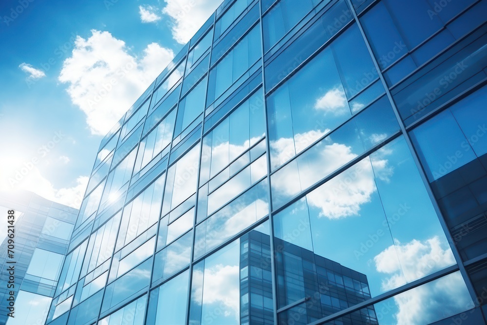 a very tall building with a lot of windows and a blue sky with clouds in the reflection of the windows. a very tall building with a lot of windows and a blue sky with clouds in the reflection of the windows.