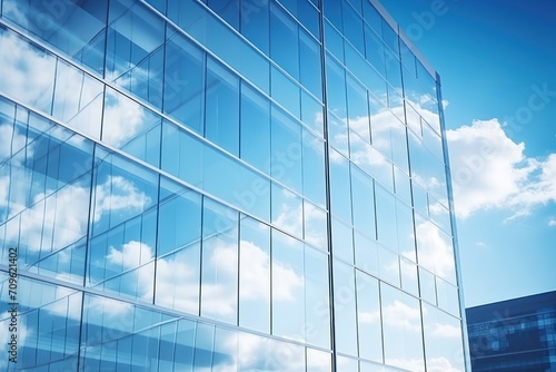  the reflection of a building in the glass windows of another building with a blue sky and clouds in the background.