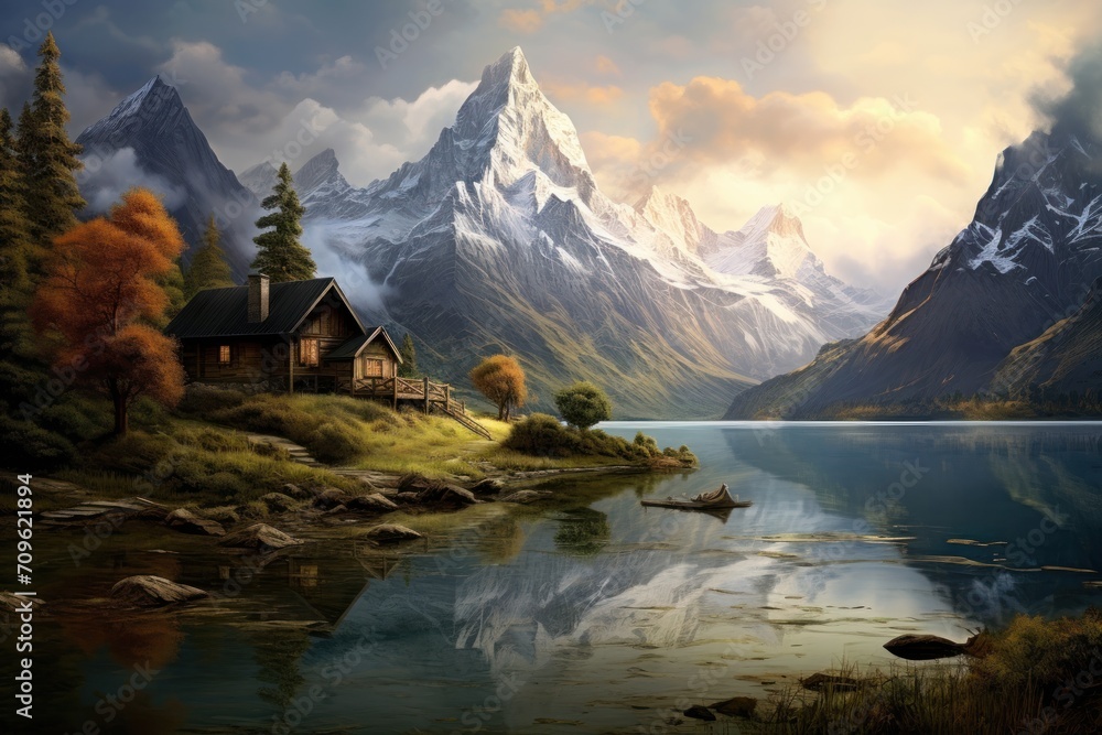  a painting of a mountain lake with a house in the foreground and a mountain range in the background with clouds in the sky.