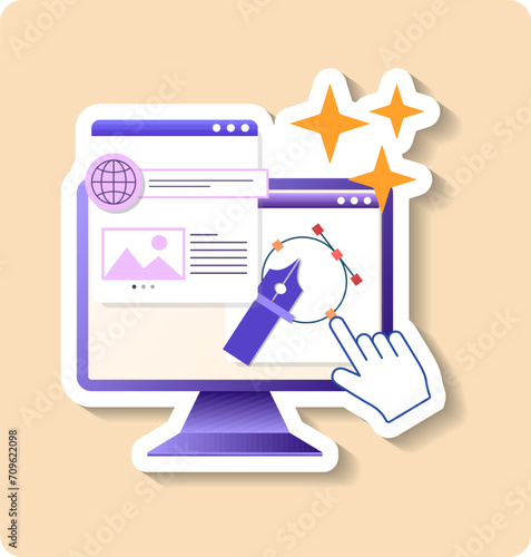 Web designer sticker illustration. Monitor, hand, cup, pen, page. Editable vector graphic design.