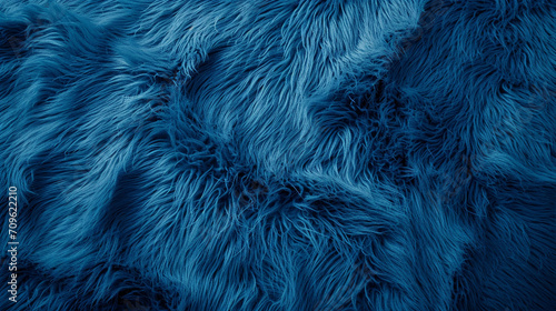 Blue fur for background or texture. Fuzzy blue fur plaid. Shaggy blanket background. Fluffy fake textile fur. Flat lay, top view, copy space