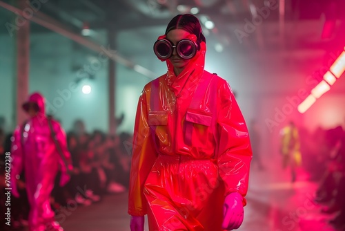 Stylish woman rocking a vibrant pink rubber suit and goggles, with neon pink lights photo