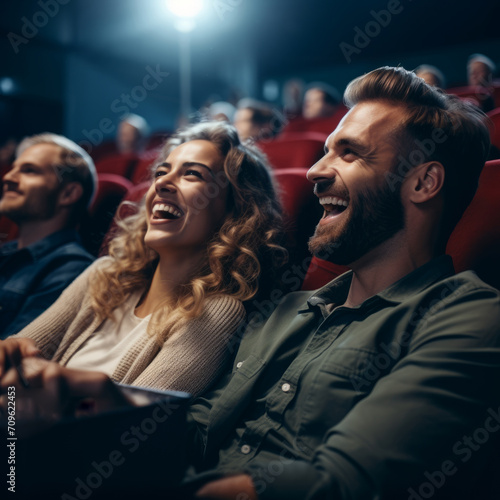 Joyful Movie Night: Cheerful Happy Couple Watching a Film in the Cinema © BiljanaMoe
