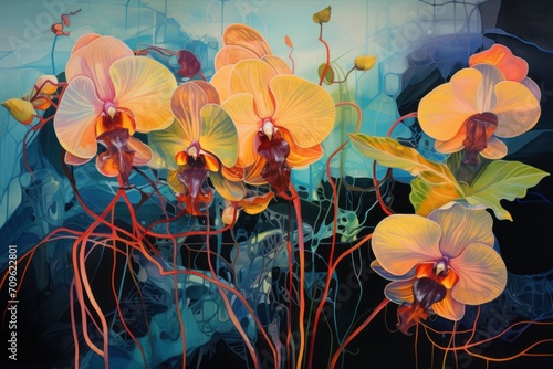  a painting of a bunch of flowers on a blue and black background, with red stems in the foreground.