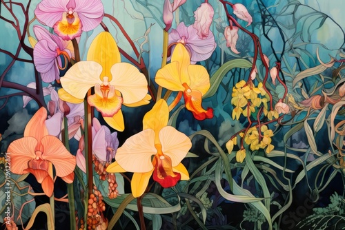  a painting of yellow and pink orchids in a garden of green and brown leaves and branches with blue sky in the background.